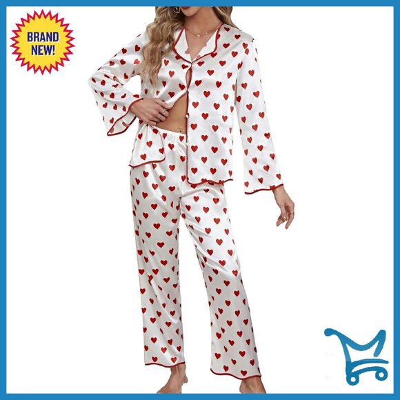 Satin Pajama Set Long Sleeve Button Up Shirt Heart Print Pants